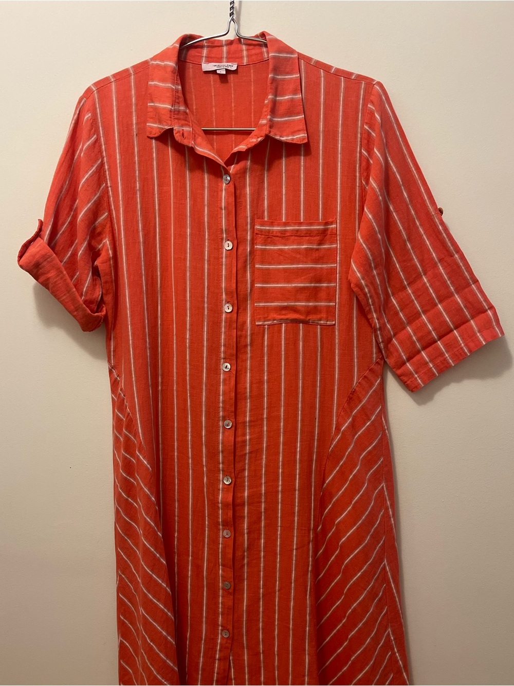 Made in Italy Coral Stripe Button-Front Midi Shirt Dress - Picture 7 of 8